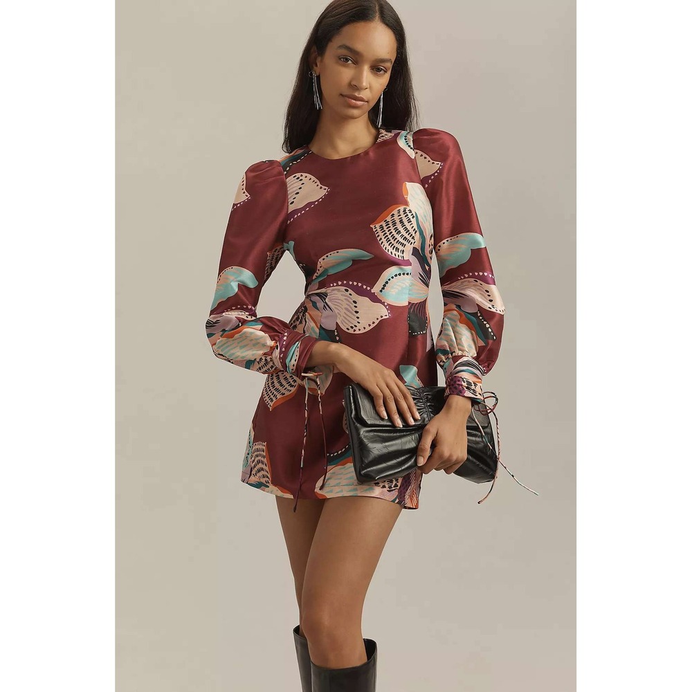 Hutch Burgundy Floral Satin Puff Sleeve Mini Dress Tie Cuff Deva NWT Size L - Picture 3 of 8